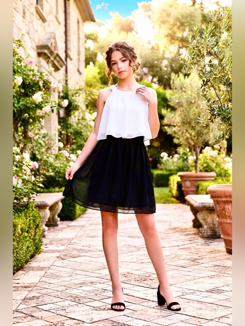 Two-Tone Black & White Halter Dress for Girls - Formal Occasion